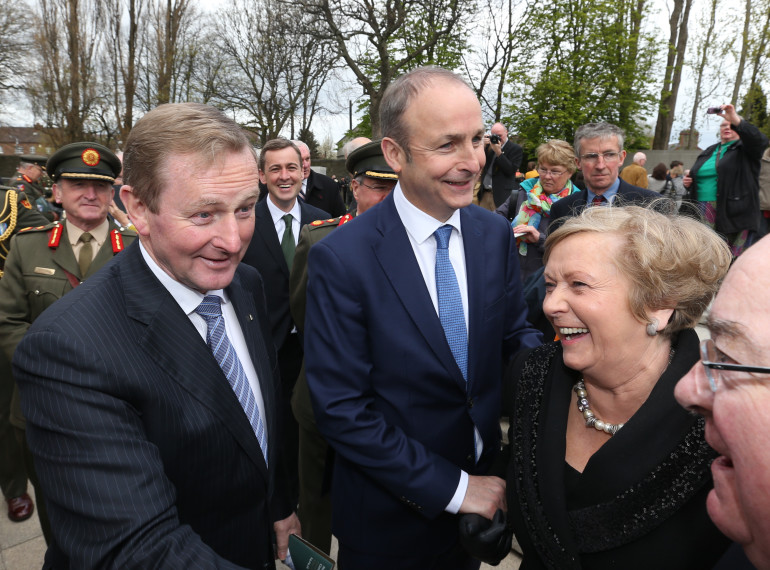 24/04/2016. 1916 Easter Rising Centenary Commemoration Ceremony. Pictured are Fine Gael party leader and acting Taoiseach Enda Kenny with Fianna Fail leader Micheal Martin(right) and Minister for Justice Frances Fitzgerald at the 1916 Easter Rising Centenary Commemoration Ceremony attended by members of the public, Politicians and State official and the President which took place today at the Church of the Most Sacred Heart Arbour Hill, Dublin. Photo: RollingNews.ie