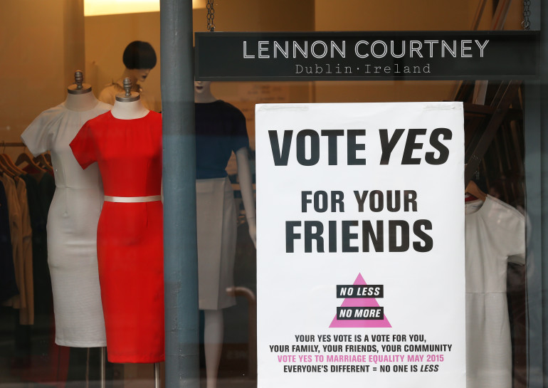 07/05/2015 Marriage Equality Referendum. Pictured are Yes Posters in a shop window owned by Gay presenter Brendan Courtney in Dublin. Photography: Sasko Lazarov/Photocall Ireland