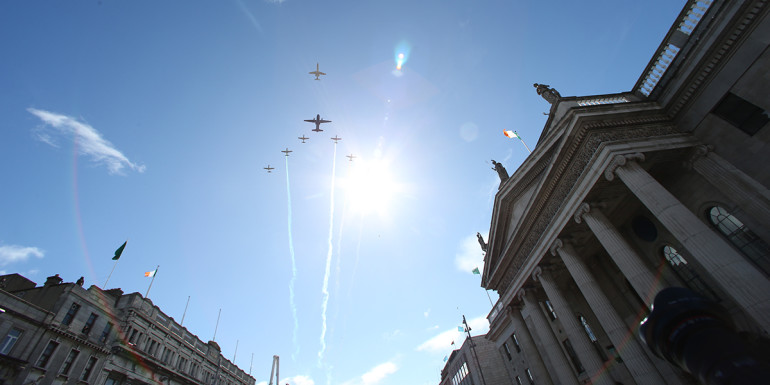 27/03/2016 1916 Centenary Commemoration and Parade. The irish air corps do a fly by at the Easter Sunday Commemoration Ceremony and Parade on O'Connell Street, Dublin. Photo: RollingNews.ie