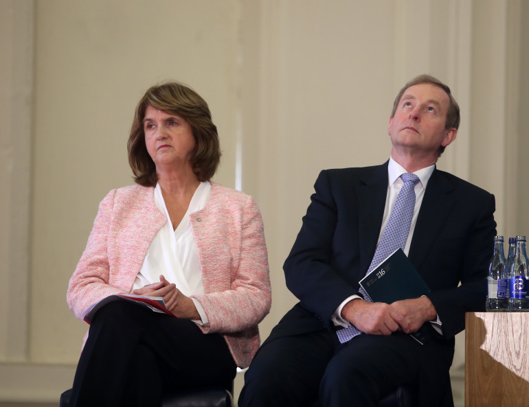 08/10/2015. 1916 - The launch of 31 Local and Community Plans. Tanaiste and Labour Party Minister for Social Protection Joan Burton with Taoiseach and Fine Gael leader Enda Kenny at the 1916 launch of 31 Local and Community Plans. Led by Local Authorities, featuring 1,800 special events and initiatives, as part of the Ireland 2016 Centenary Programme. Photo: Sam Boal/Rollingnews.ie