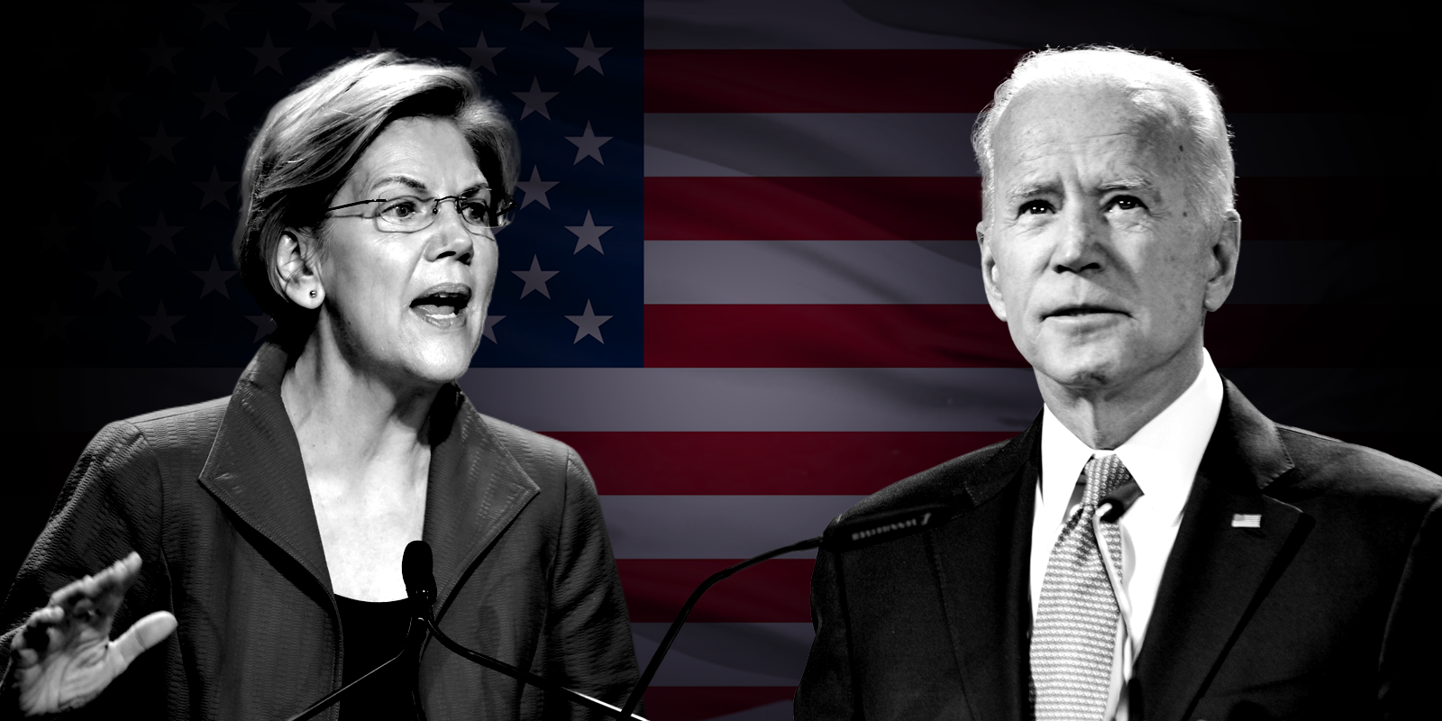 Joe Biden agus Elizabeth Warren ag tabhairt aghaidh ar a chéile den chéad uair