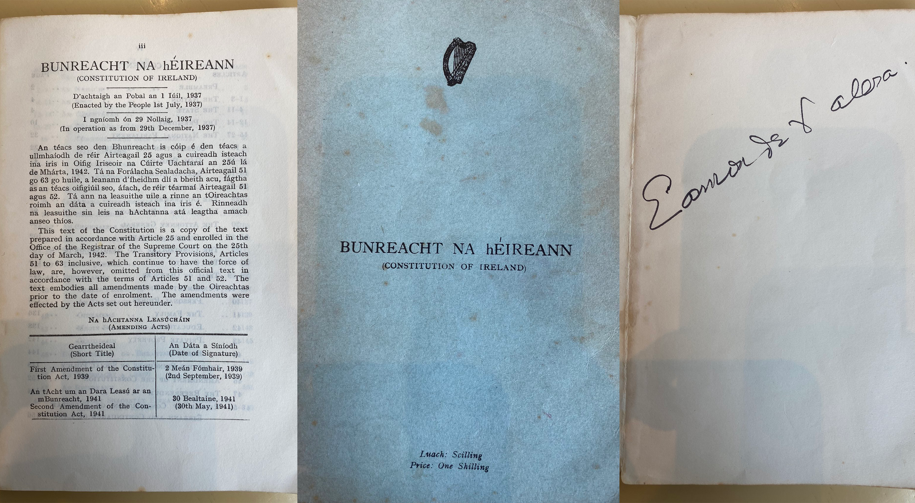 Cóip de Bhunreacht na hÉireann sínithe ag Éamon de Valera ceannaithe ag mac léinn Gaeilge ar 50c