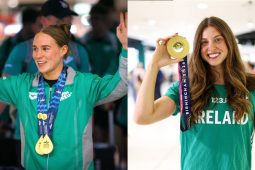 Na sluaite in Aerfort Bhaile Átha Cliath le fáilte a chur roimh ghaiscígh spóirt na hÉireann