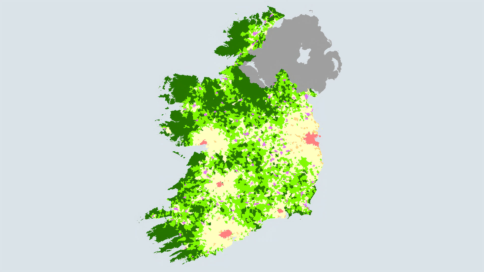 Scáil ar cheantair Ghaeltachta – dath dorcha ar an mapa