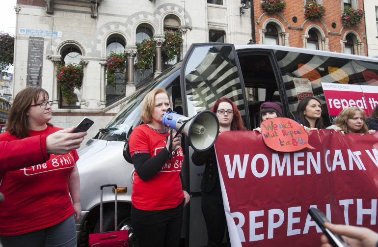 23/10/2015 Abortion Pill Bus. Pictured are Pro-choice activists outside the Central Bank in Dublin today with the Abortion Pill Bus There calling for a Repeal of 8th Amendment & promotes safe medical abortion pills .Photo:Leah Farrell/RollingNews.ie