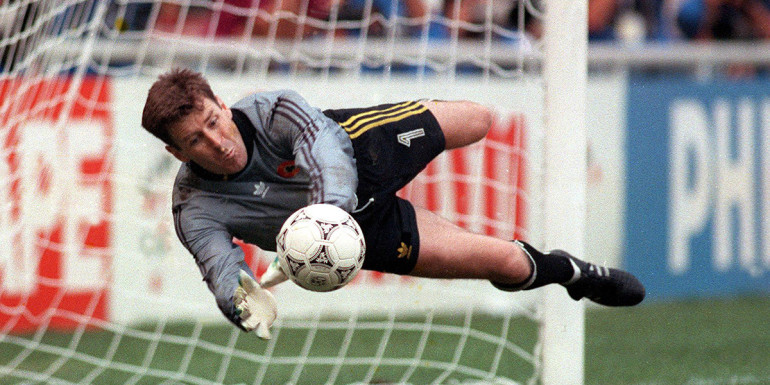World Cup Republic of Ireland vs Romania 1990 Packie Bonner saves a penalty in the shoot out Mandatory Credit ©INPHO/Billy Stickland