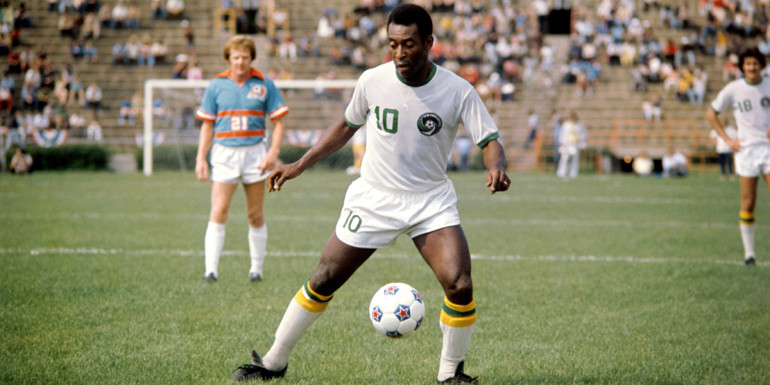 New York Cosmos' Pele in action on his debut for the NASL team