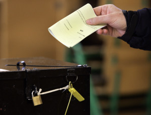 File photo: Some 2,124 people from the West and North West islands will go to the polls a day early. Residents of five islands in Donegal South-West, three in Mayo and four in Galway West will vote a day early to avoid possibilities of bad weather hampering the return of ballot boxes. Air Corps helicopters will ferry ballot boxes to the mainland. The timing for the European Parliament elections influenced the election dates. Poles have also opened in Northern Ireland and Britain to elect members to the European Parliament and local councils. END [RTE] 4/10/2013 Referendum on Abolition of the Seanad Vote. A vote is cast on the referendum on the abolition of the Seanad and the Court of Appeal referendum today. Photo: Mark Stedman/Photocall Ireland