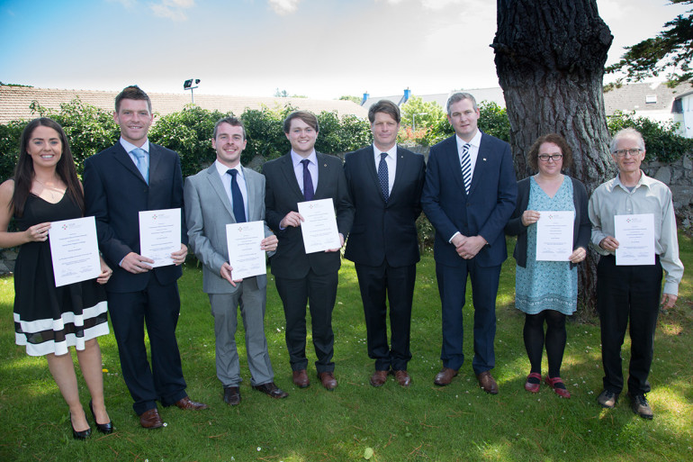 ICUF award recipients, from left, Éilís Nic Aodhagáin, Eoin Mac Gearailt, John Prendergast and Ian Mac Gabhann who received awards to teach Irish in Canadian universities in 2016-17. On far right are Canadians Rachel Hoffman and Terry McBride who received awards to learn Irish in Ireland. ICentre are Minister of Satte for Gaeltacht Affairs Seán Kyne, right, and James Kelly, ICUF to his left.