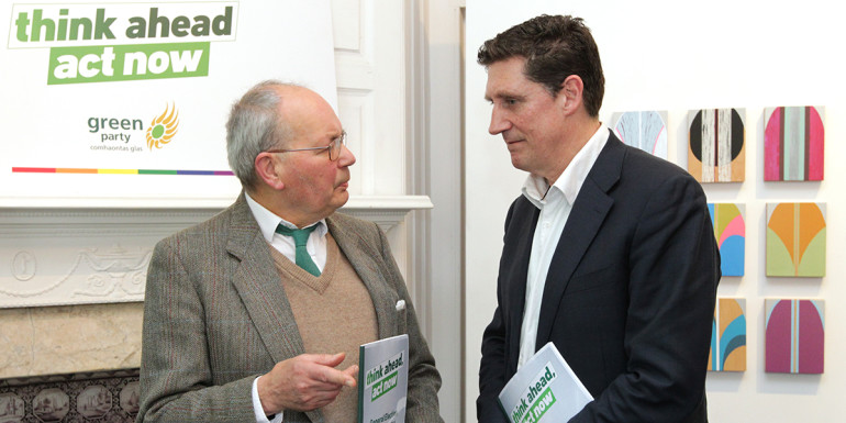 12/02/2016 General Election 2016. Picture at the launch of the Green Party General Election Manifesto in the Molesworth Gallery today is candidate for Dublin Bay South and Green Party Leader Eamon Ryan talking to Christopher Fettes, founder of the Irish Green Party in 1981. Photo: RollingNews.ie