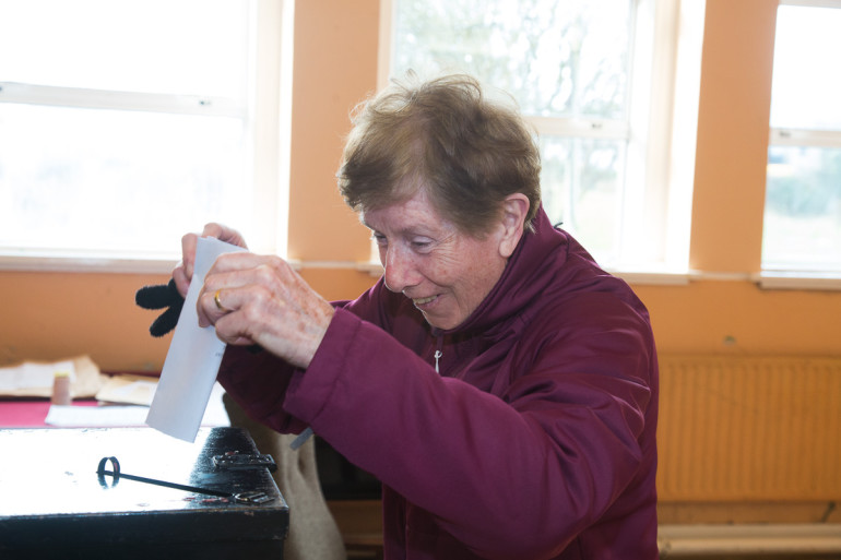 Margaret Uí Ghoill, Cill Rónáin, Inis Mór, Aran islands voting at Scoil Rónáin NS Polling Station in the General Election. Pic: Seán Ó Mainnín.