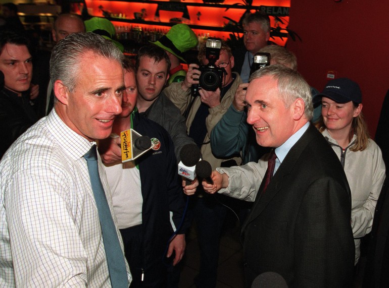 Ireland Team Leaving for the World Cup Dublin Airport 17/5/2002 Manager Mick McCarthy meets An Taoiseach Bertie Ahern prior to the team leaving for Japan ©INPHO/Andrew Paton