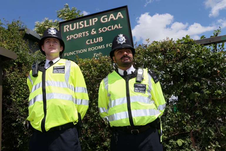Connacht GAA Football Senior Championship Quarter-Final, Ruislip, London 25/5/2014 London vs Galway Policemen outside the entrance to the GAA grounds in Ruislip before the game Mandatory Credit ©INPHO/Gerry McManus