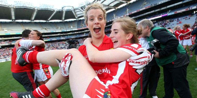 2014 TG4 All Ireland Ladies Senior Football Championship Final, Croke Park, Dublin 27/9/2015 Cork vs Dublin Cork's Valerie Mulcahy and Mairead Corkery celebrate at the end of the game Mandatory Credit ©INPHO/Ryan Byrne