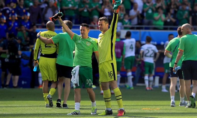 2016 UEFA European Championship Round Of 16, Parc Olympique Lyonnais, Lyon, France 26/6/2016Republic of Ireland vs FranceIreland's Robbie Keane and Shay Given at the end of the gameMandatory Credit ©INPHO/Donall Farmer