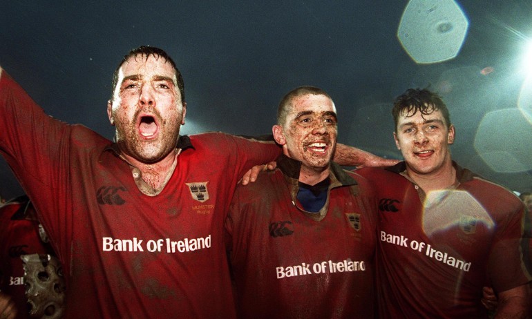 A Tribute to Anthony Foley European Cup 18/12/1999 Anthony Foley, Alan Quinlan and David Wallace of Munster celebrate victory ©INPHO/Lorraine O'Sullivan