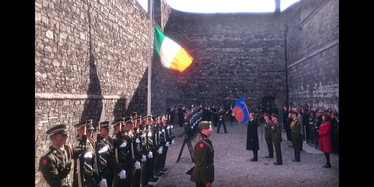 27/3/2016 1916 Easter Rising Centenary Celebrations. Pictured is Taoiseach Enda Kenny at a wreath-laying ceremony at Kilmainham Gaol this morning. The formal State ceremony took place in Stone Breakers Yard on the site where the 1916 leaders were executed in Kilmainham Gaol. The ceremony will include a solemn wreath-laying by the President. This will be followed by a minute of silent reflection, the sounding of the Last Post and the raising of the National Flag to full mast. Photograph: Mark Stedman / RollingNews.ie