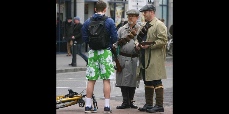 27/3/2016 1916 Easter Rising Centenary Celebrations. Paul Flemming, centre, and James Langton in period rebel military costume on Parnell Street seemingly taking part of the one hundred year anniversary of the Easter Rising. Photo: RollingNews.ie