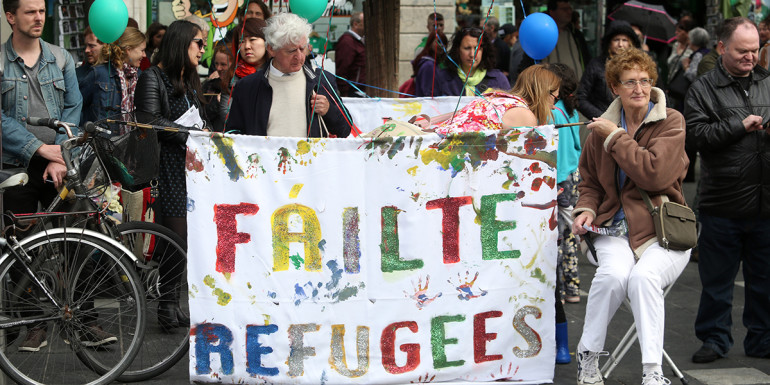 12/09/2015. Refugees Welcome.Pictured hundreds of people turned out to show their support and to tell the Government that Refugees are not just welcome but also more should be let come to Ireland. They gathered at the Spire before marching towards the Central Bank in Dublin. Photo: Sam Boal/Rollingnews.ie