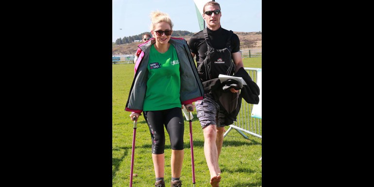 Donegal News columnist Nikki Bradley and Ian Clarke cross the finish line at WAAR on Saturday.
