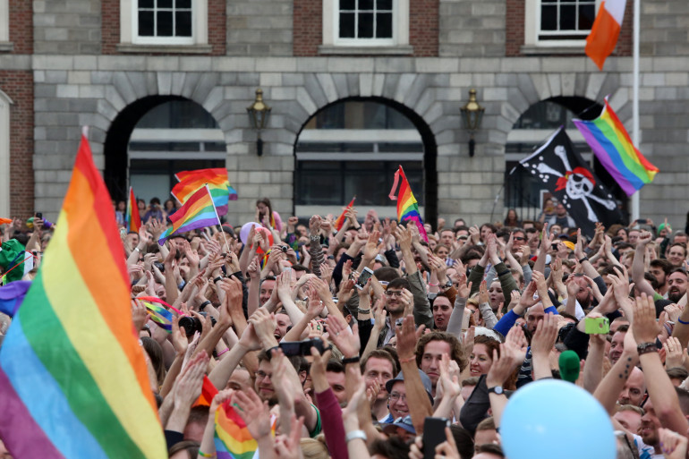 23/5/2015. Joyful Celebrations. Thousands of people celebrate the Yes Result in the Marriage Equality Referendum in Dublin Castle Courtyard. Photo: Sam Boal/RollingNews.ie